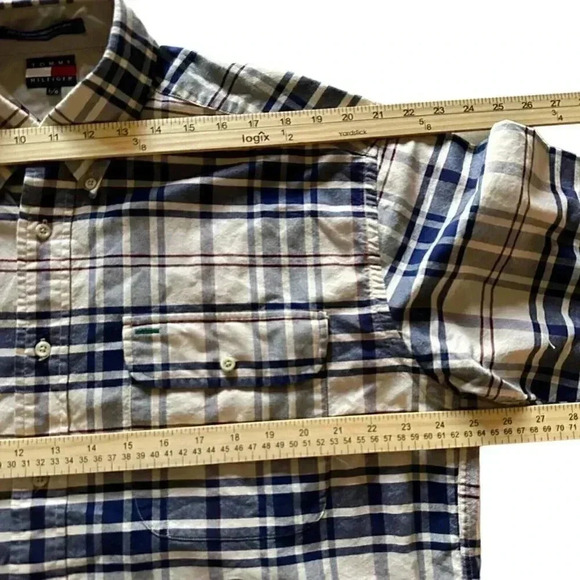 Tommy Hilfiger button up long sleeve flannel shirt plaid size large beige blue - Picture 10 of 13